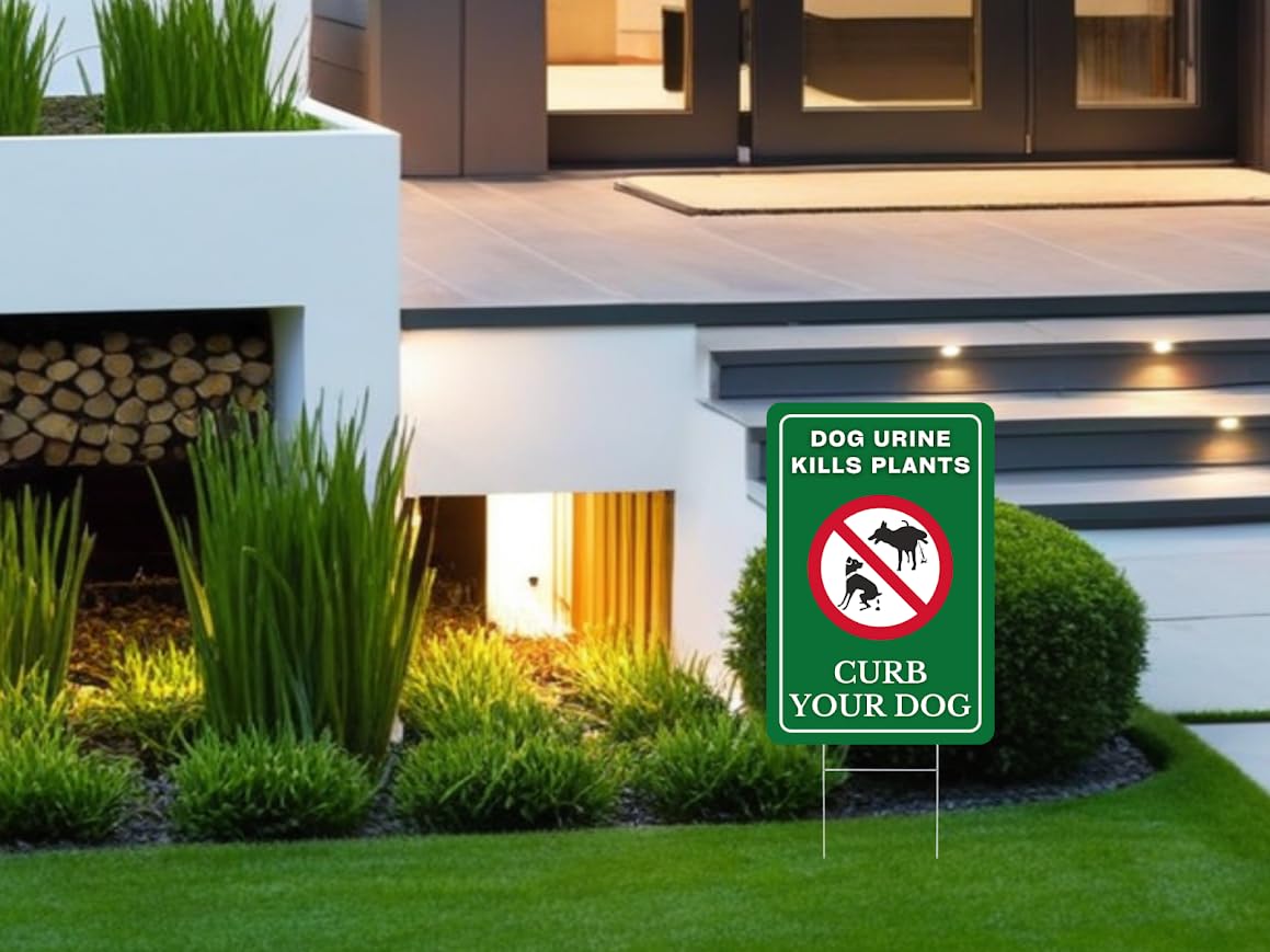 Set of 3 Double Sided 12x8 Inches Dog Urine Kills Plants Curb Your Dog Signs - No Pooping and No Peeing Dog Signs with Metal Stakes for Yard Garden Lawn Outdoor - Be a Good Neighbor Sign