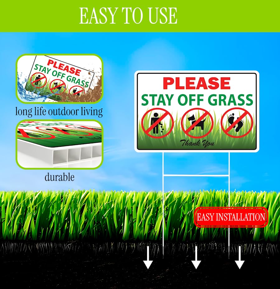Set of 3 Double Sided 12x8 Inches Plastic Please Do Not Throw Cigarette Butts Signs with Metal H-Stakes - Please Stay Off Grass Sign - No Dog Poop Signs for Yard Outdoor or Garden