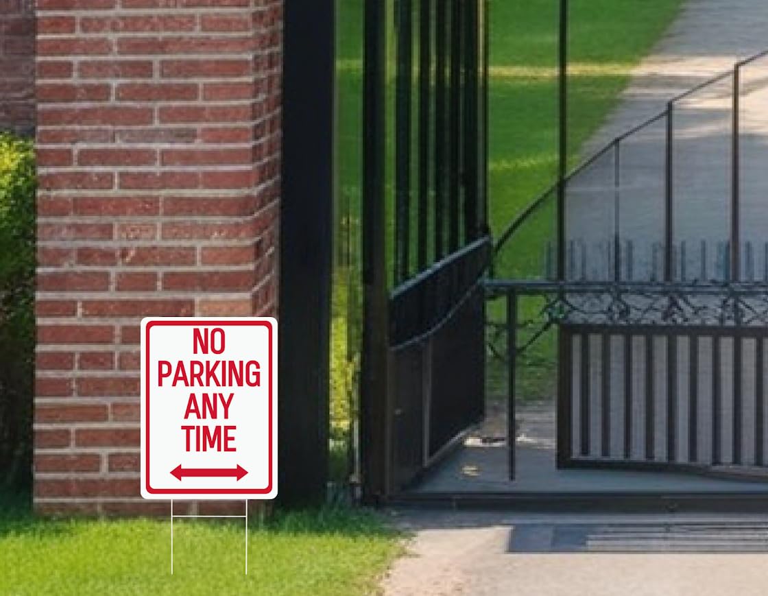 Set of 3 Double Sided 12x16 Inches No Parking Any Time Sign with Metal Wire H-Stakes - Red on White Plastic Sign with Bidirectional Arrow - Yard Signs with No Parking Space for Indoor or Outdoor