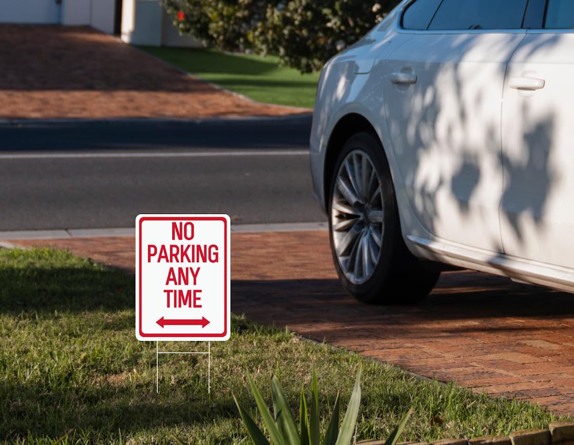 Set of 3 Double Sided 12x16 Inches No Parking Any Time Sign with Metal Wire H-Stakes - Red on White Plastic Sign with Bidirectional Arrow - Yard Signs with No Parking Space for Indoor or Outdoor