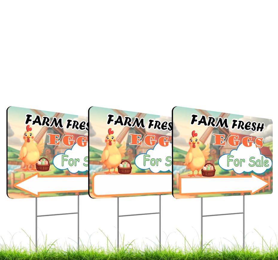 Set of 3 Double Sided 12x16 Inches "Farm Fresh For Sale Eggs" Sign with Metal H-Stakes - Signage Selling for Your Products - Natural Products Private Business Owners - Pointers For Home or Front Yard