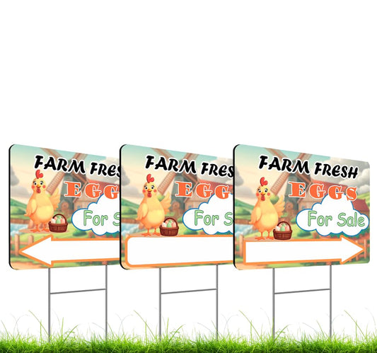 Set of 3 Double Sided 12x16 Inches "Farm Fresh For Sale Eggs" Sign with Metal H-Stakes - Signage Selling for Your Products - Natural Products Private Business Owners - Pointers For Home or Front Yard