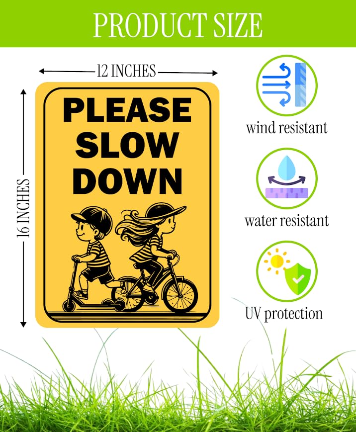 Set of 3 Double Sided 12x16 Inches "Please Slow Down" Sign with Metal H-Stakes - Сhildren at Play Safety Signage for Street - School Zone Speed Limit - Drive Like Your Child Live Here Yard