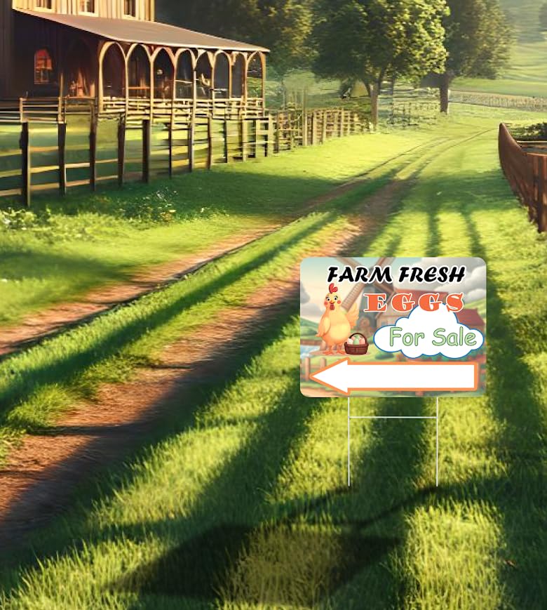 Set of 3 Double Sided 12x16 Inches "Farm Fresh For Sale Eggs" Sign with Metal H-Stakes - Signage Selling for Your Products - Natural Products Private Business Owners - Pointers For Home or Front Yard