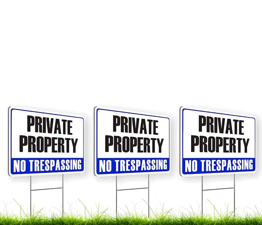 Set of 3 Double Sided 12x8 Inches Plastic Private Property No Trespassing Signs with Metal H-Stakes - No Trespassing Sign for House Front Yard for Outdoor or Indoor - Property Plastic Signs for Home