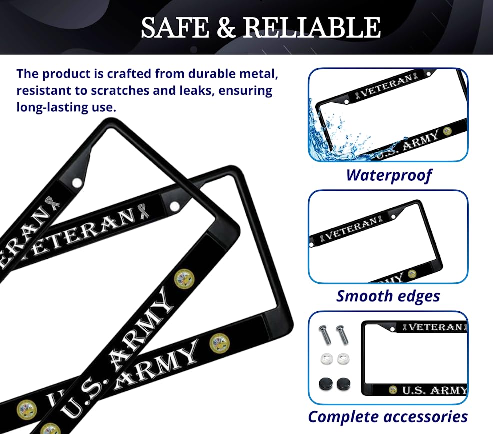 Car License Plate Frame - License Plate Frame US Army Veteran - Standart Cars USA Stainless Steel Frame for Front and Rear - Metal Plate Frame with 2 Holes and Screws 6x12.25 inches