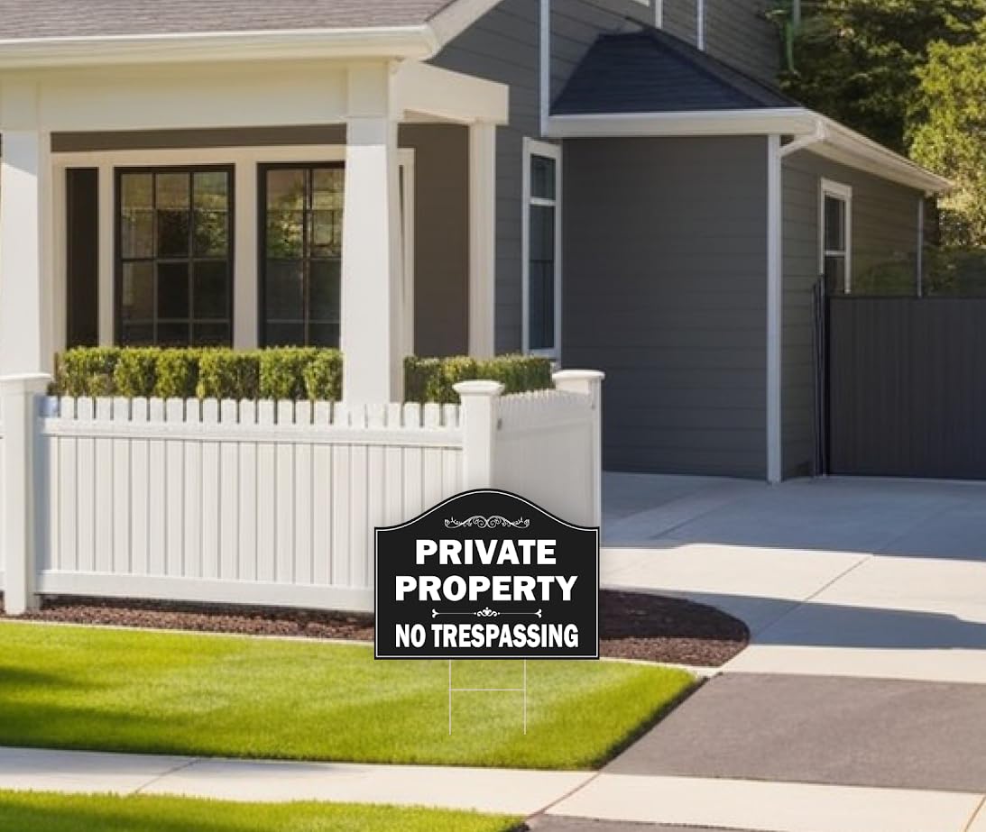 Pack of 3 Private Property No Trespassing Signs with Metal Stakes 12x8 inch - Double Sided No Trespassing Sign Waterproof Warning Private Property Signs for Garden - Trespassers Prosecuted