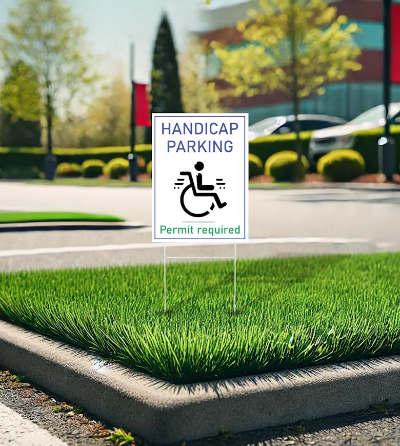 Set of 3 Double Sided 12x16 Inches "Handicap Parking Permit Required" Sign with Metal H-Stakes - Сustom Reserved Parking - Signage Designated Parking for People with Disabilities