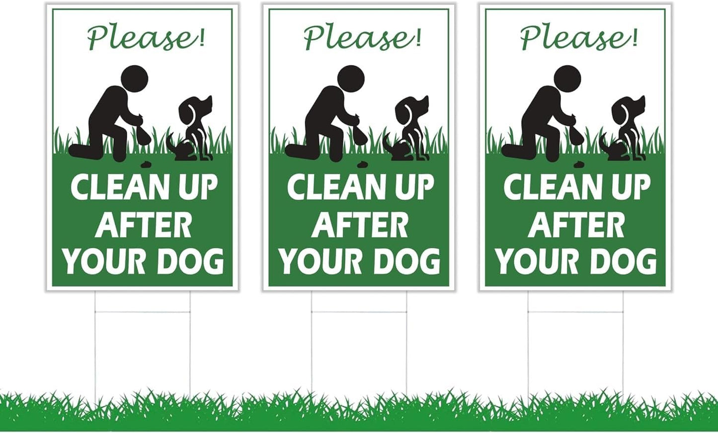 Set of 3 Double Sided Please Clean Up After Your Dog 12x8 inch - Yard Sign with Metal Wire H-Stakes Included - Easy to Install No Pooping Dog Lawn Signs or Dogs Be Respecful - Keep Off Grass Sign