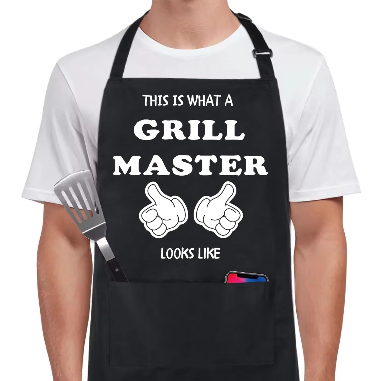 ULVEOL Funny Baking Aprons with 2 Pockets - This Is What A Grill Master Looks Like Prints Aprons - Funny BBQ Black Chef Aprons for Boys or Girls - Adjustable Kitchen Cooking Aprons for Women and Man