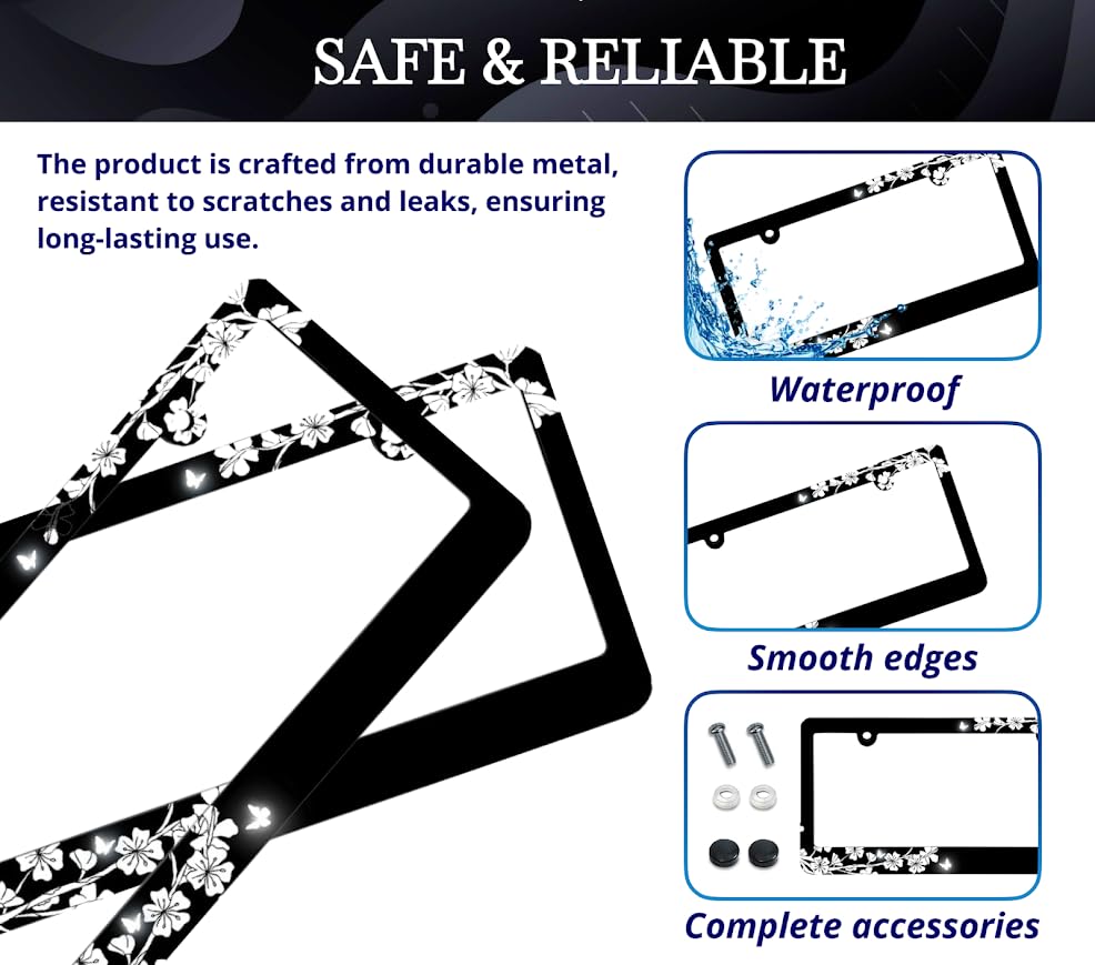Floral Black White Cherry Blossoms License Plate Frame for US Standard - Flowers License Plate Frames Stainless Steel - Auto Parts Decorative 6x12.25 inch Plate Frame with 2 Holes and Screws