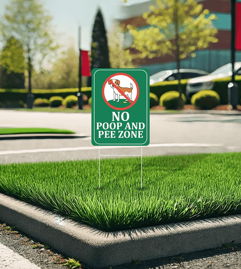 Set of 3 Double Sided 12x8 Inches Plastic Sign "No Poop and Pee Zone" with Metal H-Stakes - No Pet Poop Signs for Lawn - Signs Clean Up After Your Dogs - No Peeing Animals Garden