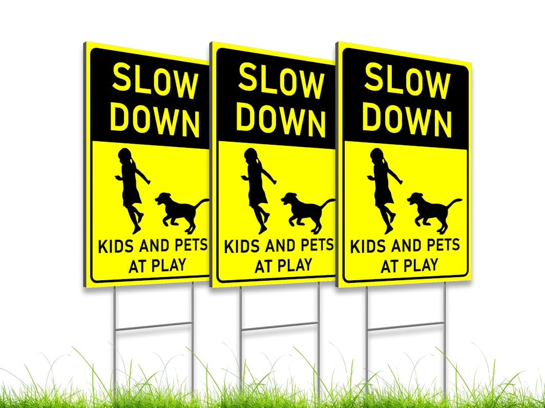 3 Pack 8x12 inch Slow Down Kids and Pets at Play Sign with Metal Wire H-Stakes - Drive Like Your Kids Live Here Sign - Street Slow Children at Play Sign - Traffic Safety Signs for Neighborhoods