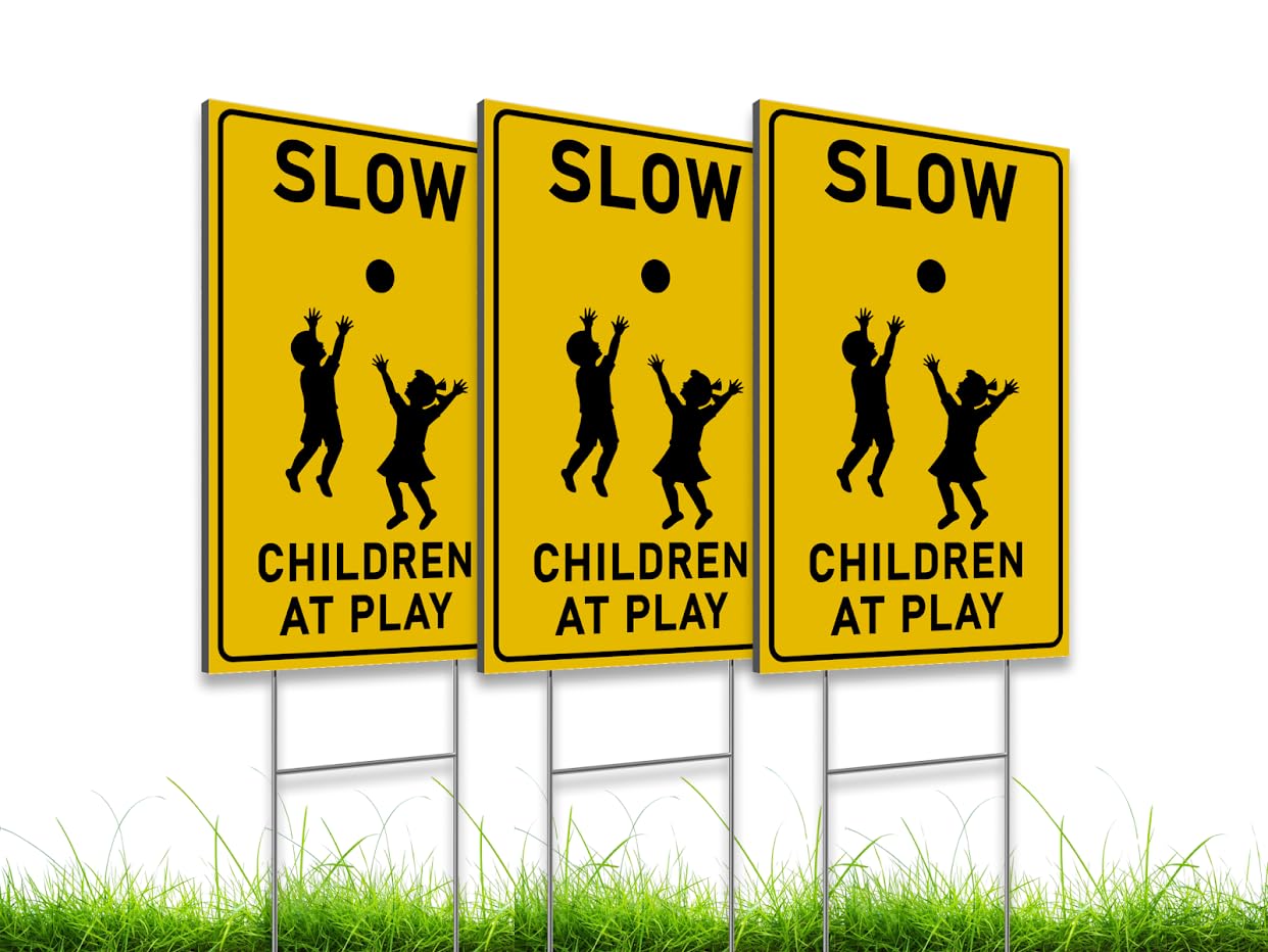 3 Pack 8x12 inch Slow-Children at Play Yard Signs with Metal Wire H-Stakes - Drive Like Your Kids Live Here Sign - Traffic Safety Signs for Neighborhoods - Children At Play Safety Signs for Street