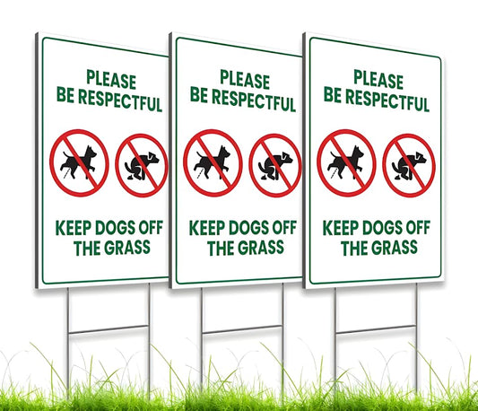 Set of 3 Double Sided 12x8 Inches Plastic Please Be Respectful Keep Dogs Off The Grass Signs with Metal H-Stakes - No Poop and No Peeing Dog Signs for Yard or Garden Lawn Decoration
