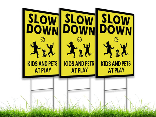 3 Pack Single Sided 8x12 Please Slow Down Kids and Pets at Play Yard Sign with Metal H-Stakes - Children At Play - Drive Like Your Kids Live Here Safety signs for Street - Cat Crossing Sign