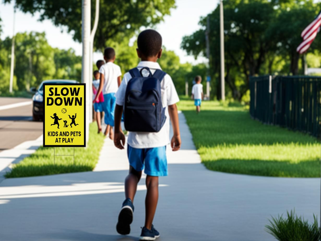 3 Pack Single Sided 8x12 Please Slow Down Kids and Pets at Play Yard Sign with Metal H-Stakes - Children At Play - Drive Like Your Kids Live Here Safety signs for Street - Cat Crossing Sign