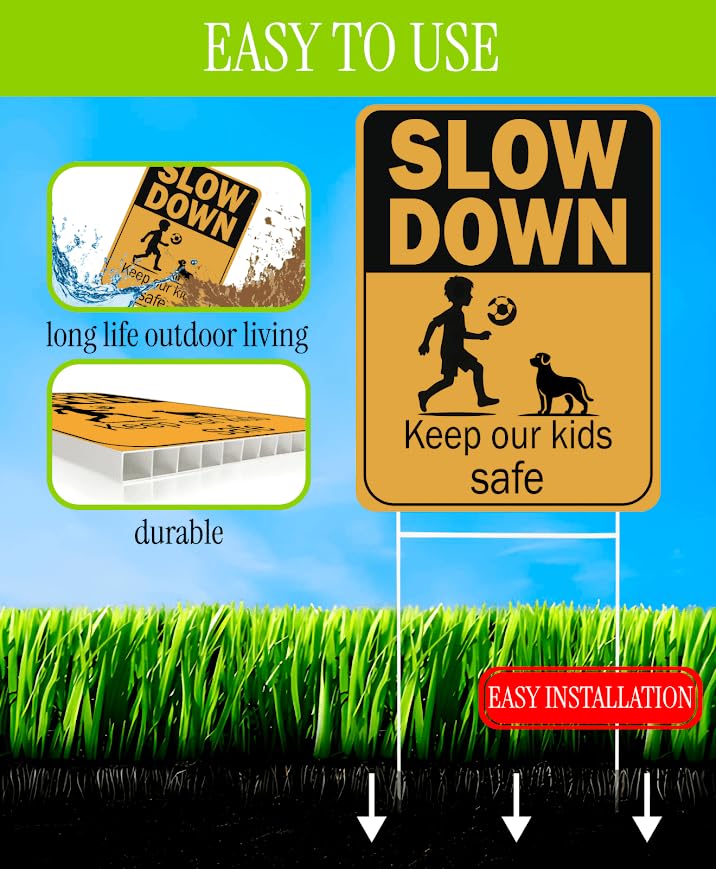 Set of 3 Double Sided 12x16 Inches Plastic Sign "SLOW DOWN Keep Our Kids Safe" - Сhildren at Play Safety Signs for Street - Drive Like Your Kids Live Here Signage - Neighborhood Watch Kids at Play