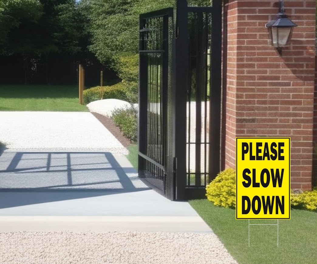 Set of 3 Double Sided 12x16 Inches Plastic Signs Please Slow Down Kids and Pets At Play or Children At Play with Metal Wire H-Stakes - Plastic Playing Kids in the Street Sign - Speed Limit Yard Signs