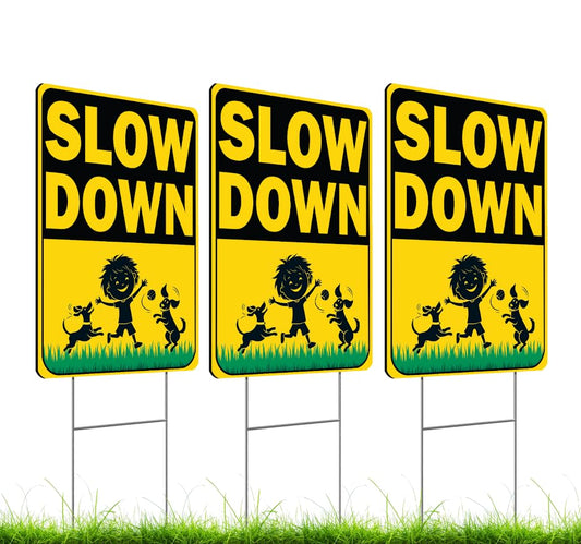 Set of 3 Double Sided 12x16 Inches "Slow Down" Sign with Metal H-Stakes - Caution Children at Play Signs for Avenue - Kids Alert Street Safety Highway Signage - School Zone Speed Limit