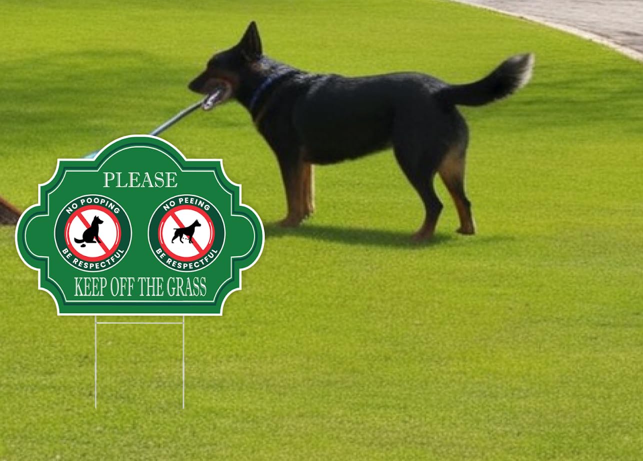 Pack of 3 No Peeing and No Pooping Dog Sign - 12x8 inch Double Sided Please Be Respectful Keep Off The Grass Yard Signs with Metal Wire H-Stakes - No Dog Poop Signs for Yard Outdoor