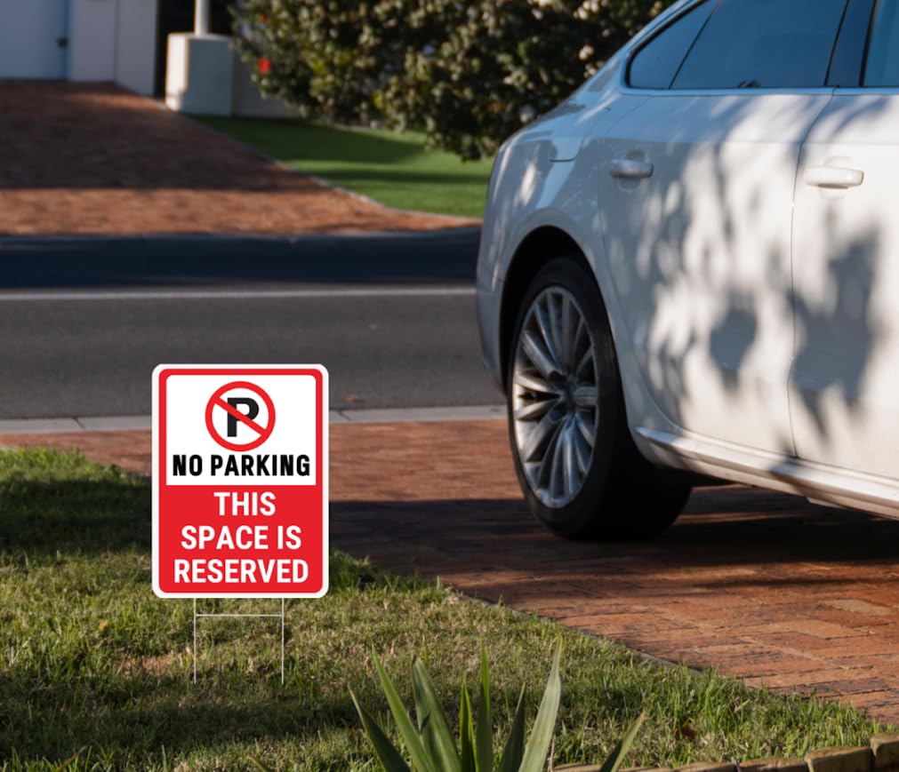 Set of 3 Double Sided 12x16 Inches No Parking This Space Is Reserved Sign with Metal Wire H-Stakes - Private Parking or Plastic Reserved Parking Outdoor Sign Use - Parking Space for Yard Signs