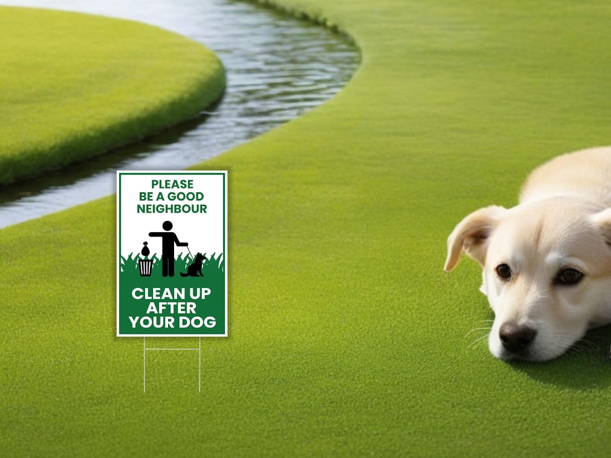 3X Single Sided 12х8 inch Clean Up After Your Dog Sign with Metal Wire H-Stakes - Be a Good Neighbor Sign - Pick Up Your Dog Poop Signs - Keep Off Grass Dog Poop Sign - Clean Up After Your Dog Signs