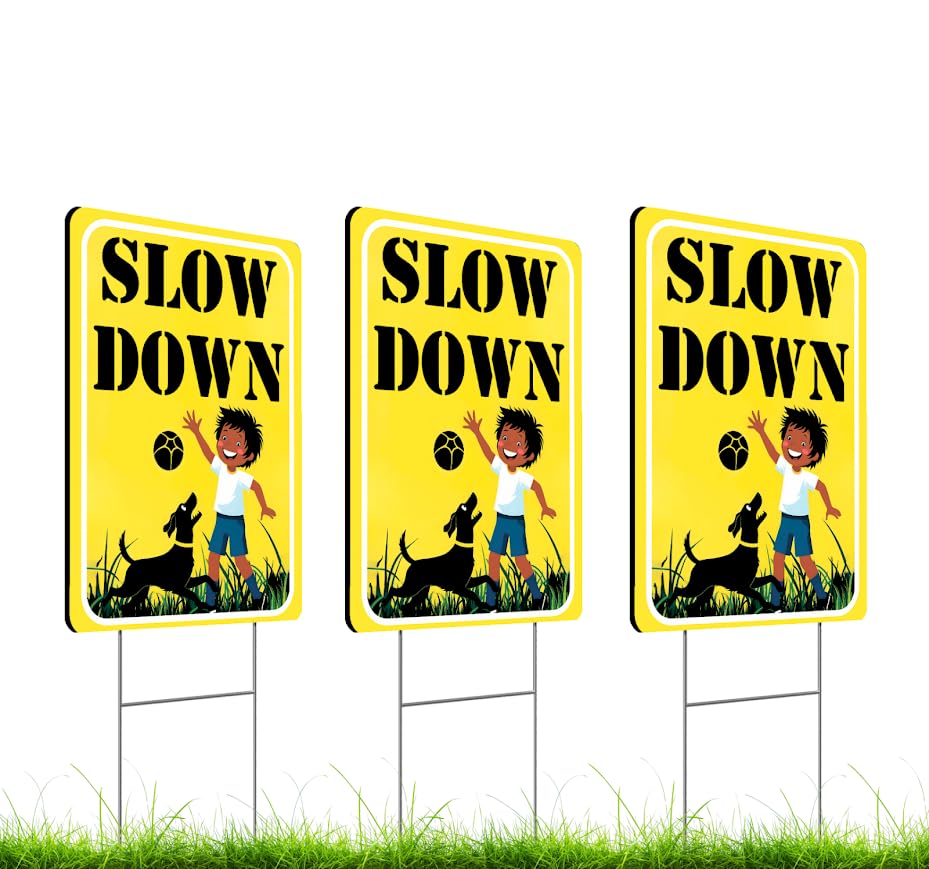 Set of 3 Double Sided 12x16 Inches "SLOW DOWN" Sign with Metal H-Stakes - Children at Play Safety Signs for Street - Kids Playing and Neighborhood Watch Signage - Drive Slow Speed Limit