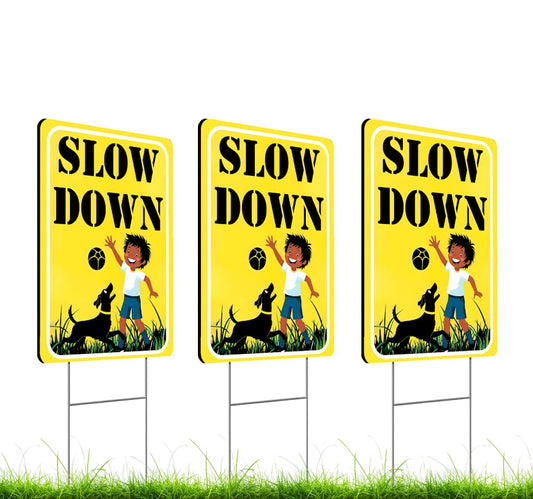 Set of 3 Double Sided 12x16 Inches "SLOW DOWN" Sign with Metal H-Stakes - Children at Play Safety Signs for Street - Kids Playing and Neighborhood Watch Signage - Drive Slow Speed Limit