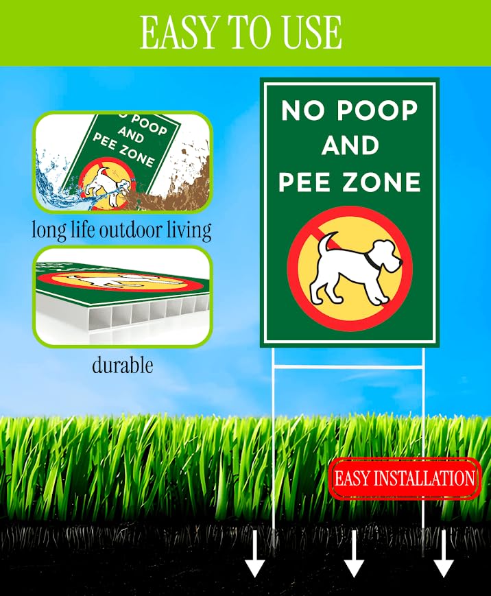 Set of 3 Double Sided 12x8 Inches Plastic Sign "No Poop and Pee Zone" with Metal H-Stakes - Pick Up After Your Dog No Pooping - Please Keep Dogs off Lawn and Yard - Dont Peeing or Poop Watch Your Pet