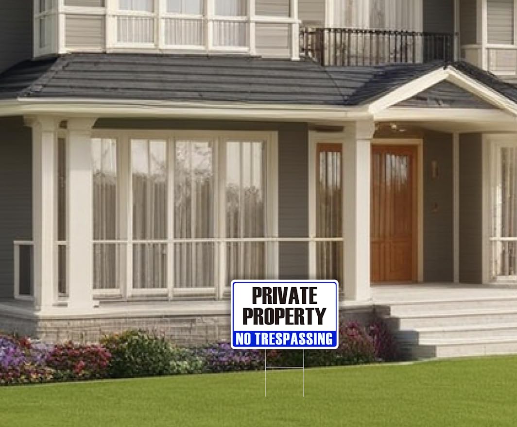 12x8 Double Sided Set of 3 Private Property No Trespassing Signs - Warning Signs Protect Your Home - No Intrusion Signs with Metal H Lawn Stakes - Red Blue and Black - Security and Privacy sign