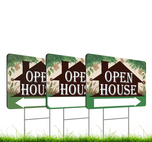 Set of 3 Double Sided 12x16 Inches Plastic Sign "Open House" - Directional Arrows Real Estate Agent Supplies - Signs for Real Estate Which is Put Up for Sale - Sale of Houses for Individuals