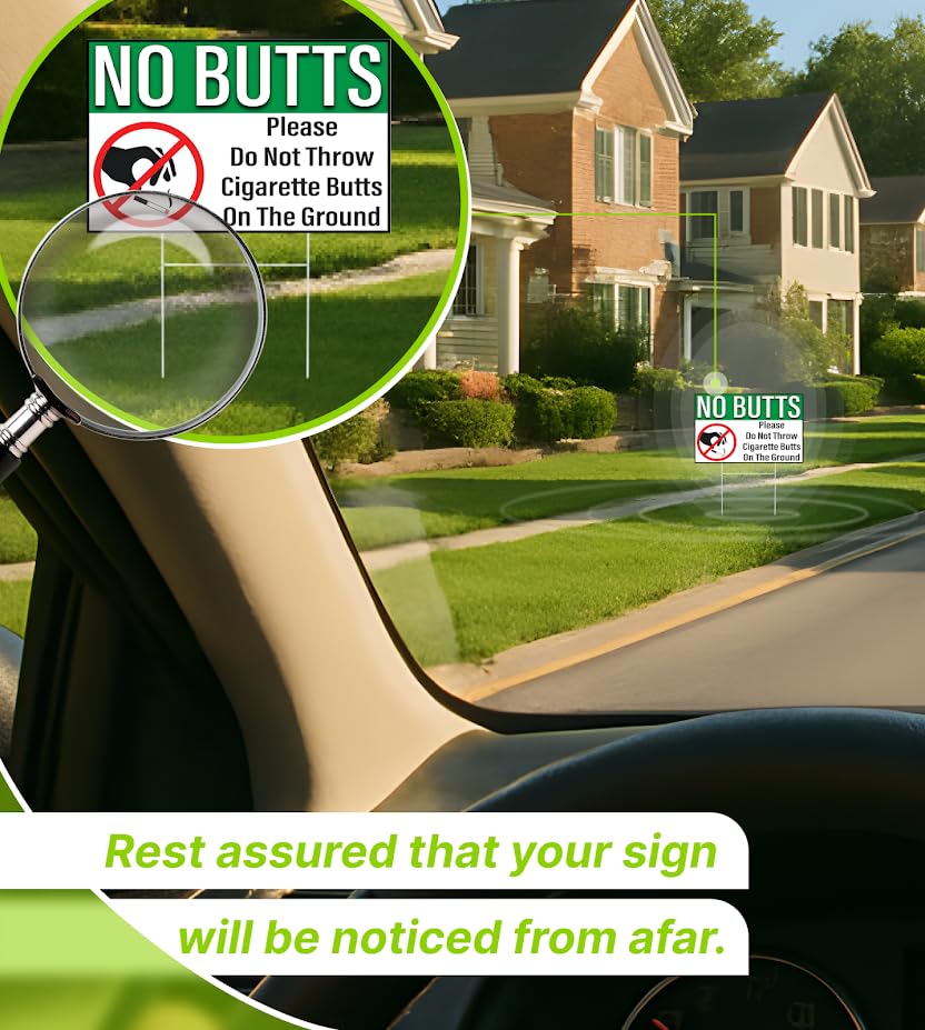 Set of 3 Double Sided 12x8 Inches Plastic Please Do Not Throw Cigarette Butts Signs with Metal H-Stakes - Please Stay Off Grass Sign - No Dog Poop Signs for Yard Outdoor or Garden