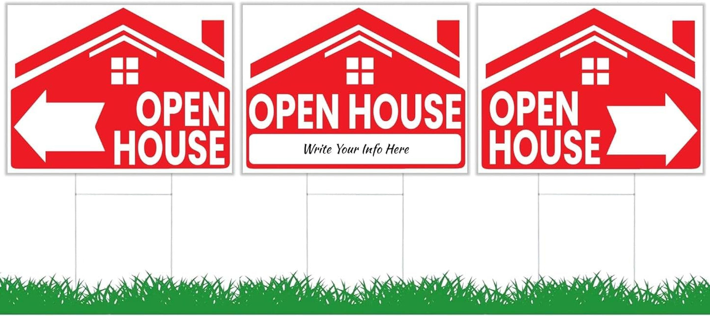 ULVEOL 12x16 Inch Red Plastic Open House Signs for Real Estate Agent Supplies - 3 Count with H Wire Stakes