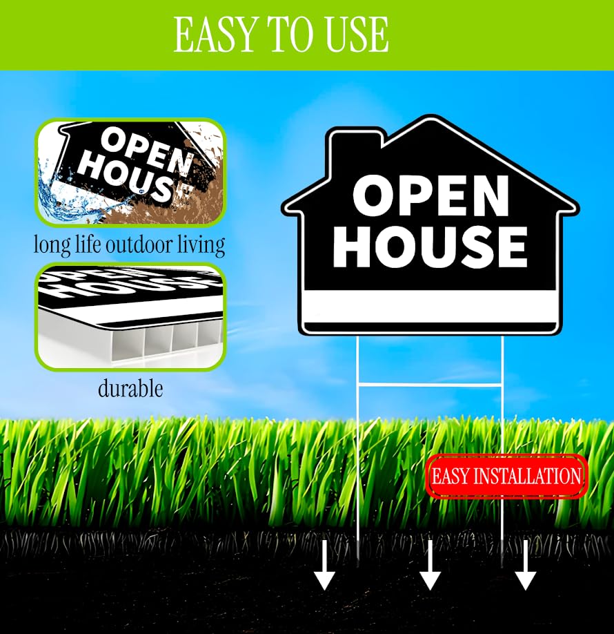 Set of 3 Double Sided 12x16 Inches Plastic Open House Signs with Metal H-Stakes - Black Sign for Real Estate Agent Supplies - Realtor Supplies for Sent Houses for Sale By Owner Yard Sign