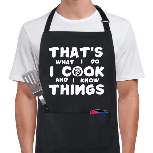 ULVEOL Baking Aprons for Women and Men - Thats What I Do I Cook And I Know Things - Adjustable Kitchen Cooking Aprons with 2 Pocket - Funny BBQ Black Chef Aprons - Birthday Gift for Baker