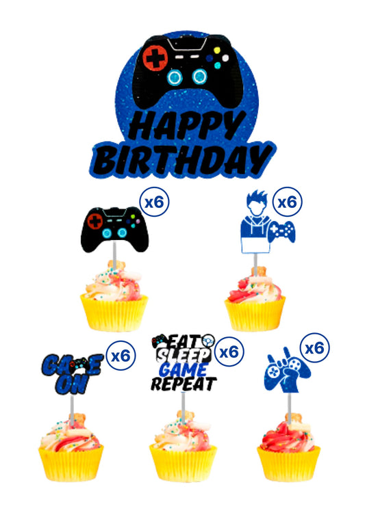 31 Piece Video Game Happy Birthday Cupcake Toppers - Cake Toppers Video Gamer Party Decorations - Supplies Picks Gaming Theme Birthday Party - Game Controller Backdrop for Kid Boys Gaming