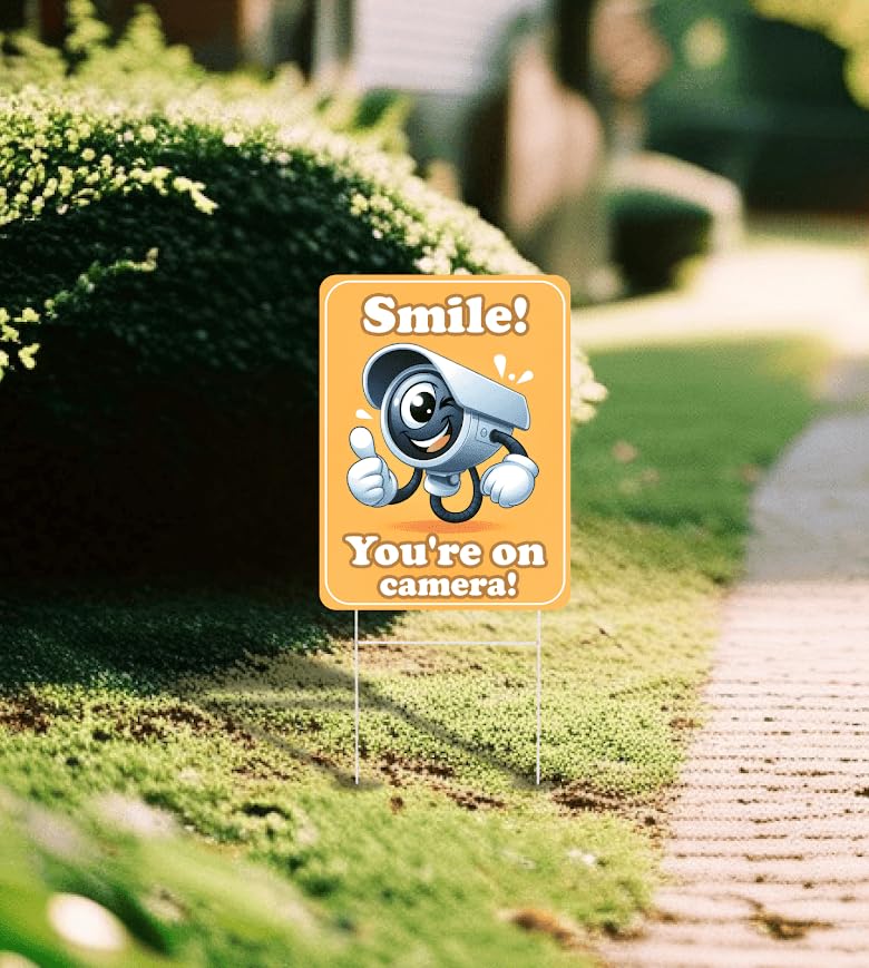 Set of 3 Double Sided 12x8 Inches Plastic Sign "Smile! You're On Camera!" - Signs No Tresspassing Video Surveillance Private Property - Signage Surveillance Outdoor is House Under Observation