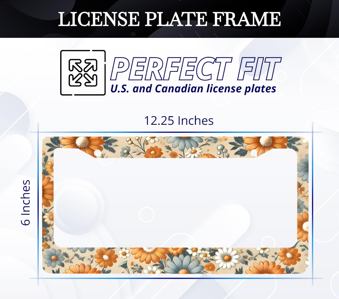 Car License Plate Frame for US Standard 6x12.25 Inch - Stainless Steel Frame - Floral Retro Daisys License Plate Frames Frames with 2 Holes and Screws - Accessory for Car