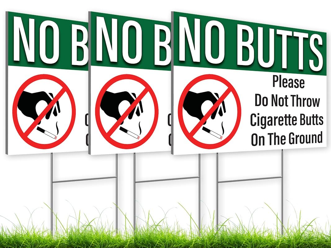 12 x 8 No Cigarette Butts Signs - Coroplast No Butts Signage with Stake - No Littering Sign Outdoor - Please Do Not Throw Cigarette Butt Signs - No Smoking Table Plastic Sign Double Side