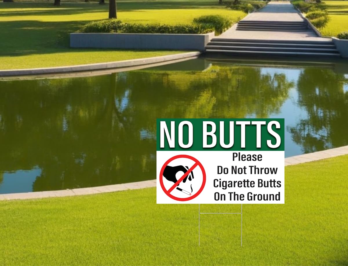 12 x 8 No Cigarette Butts Signs - Coroplast No Butts Signage with Stake - No Littering Sign Outdoor - Please Do Not Throw Cigarette Butt Signs - No Smoking Table Plastic Sign Double Side