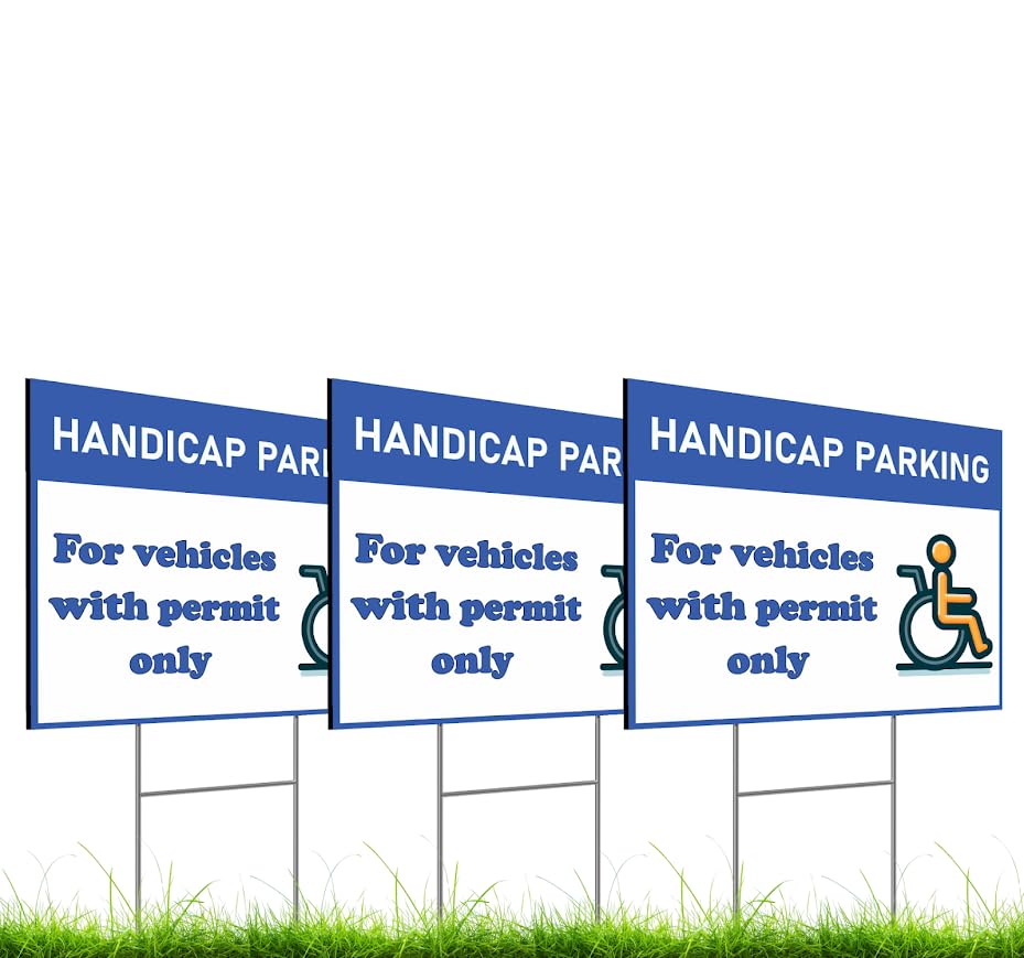 Set of 3 Double Sided 12x16 Inches "Handicap Parking For Vehicles with Permit Only" Sign with Metal H-Stakes - Restricted for Vehicles with Authorization - Exclusive Spots for Holders