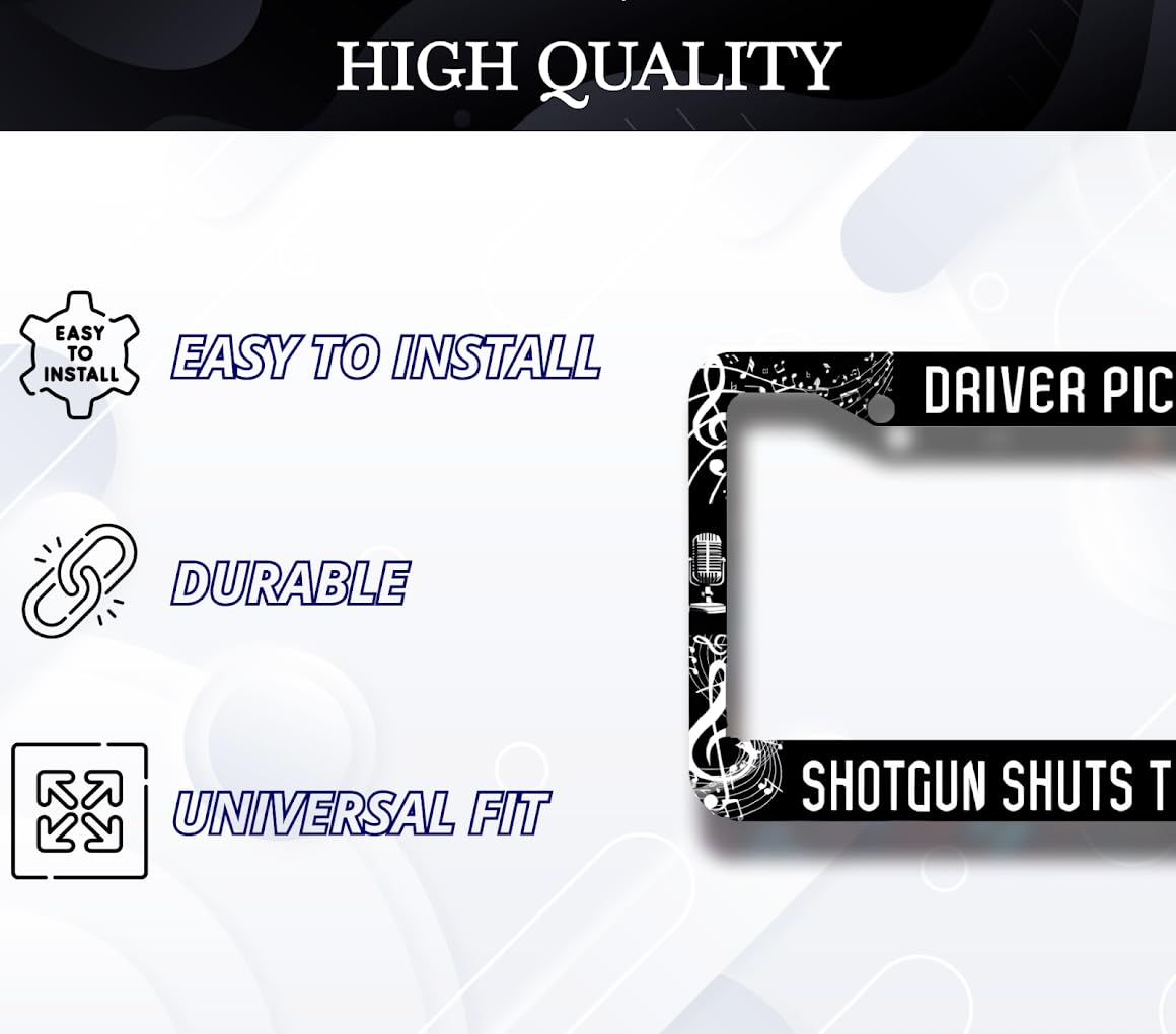 License Plate Frame 6x12.25 Inch - Driver Picks Music Shotgun Shuts Their Cake Hole with 2 Holes and Screws - Metal Frame for Your Car for US Standard License Plate Frames