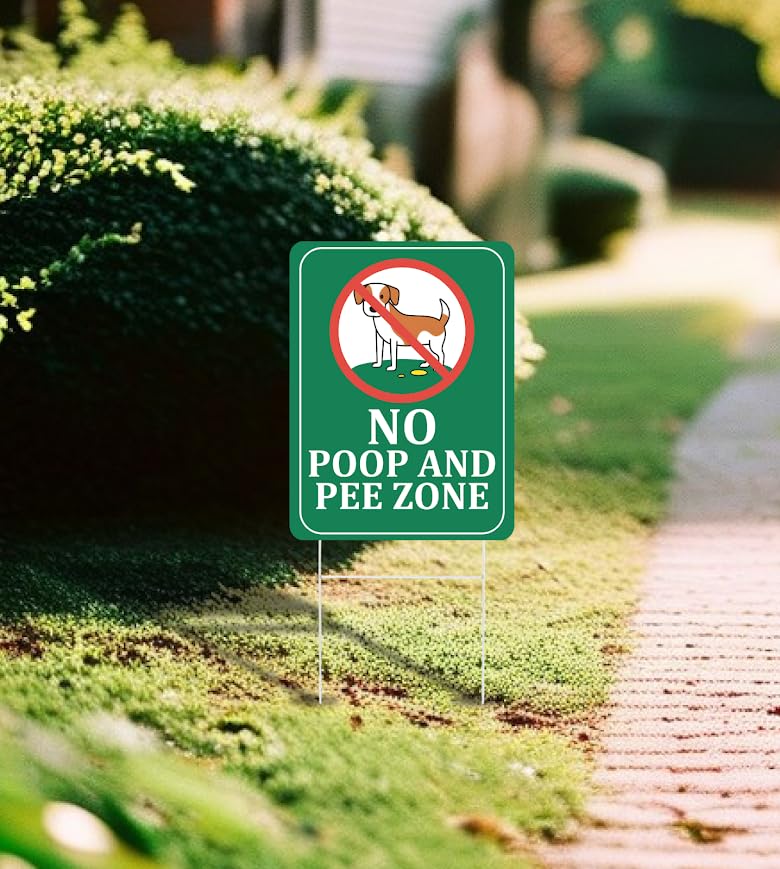 Set of 3 Double Sided 12x8 Inches Plastic Sign "No Poop and Pee Zone" with Metal H-Stakes - No Pet Poop Signs for Lawn - Signs Clean Up After Your Dogs - No Peeing Animals Garden