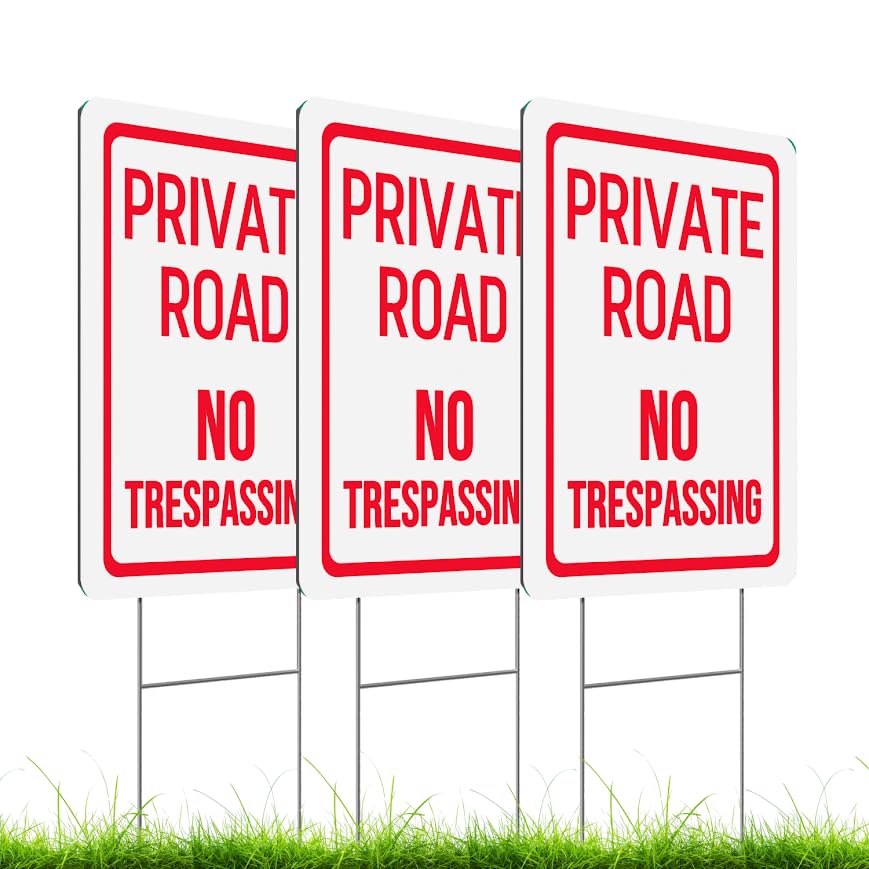 Set of 3 Double Sided 12x16 Inches Private Road No Trespassing Signs with Metal H-Stakes - Plastic Private Drive Sign for Outdoor - Red on White Road Private Property Sign - Do Not Enter Sign