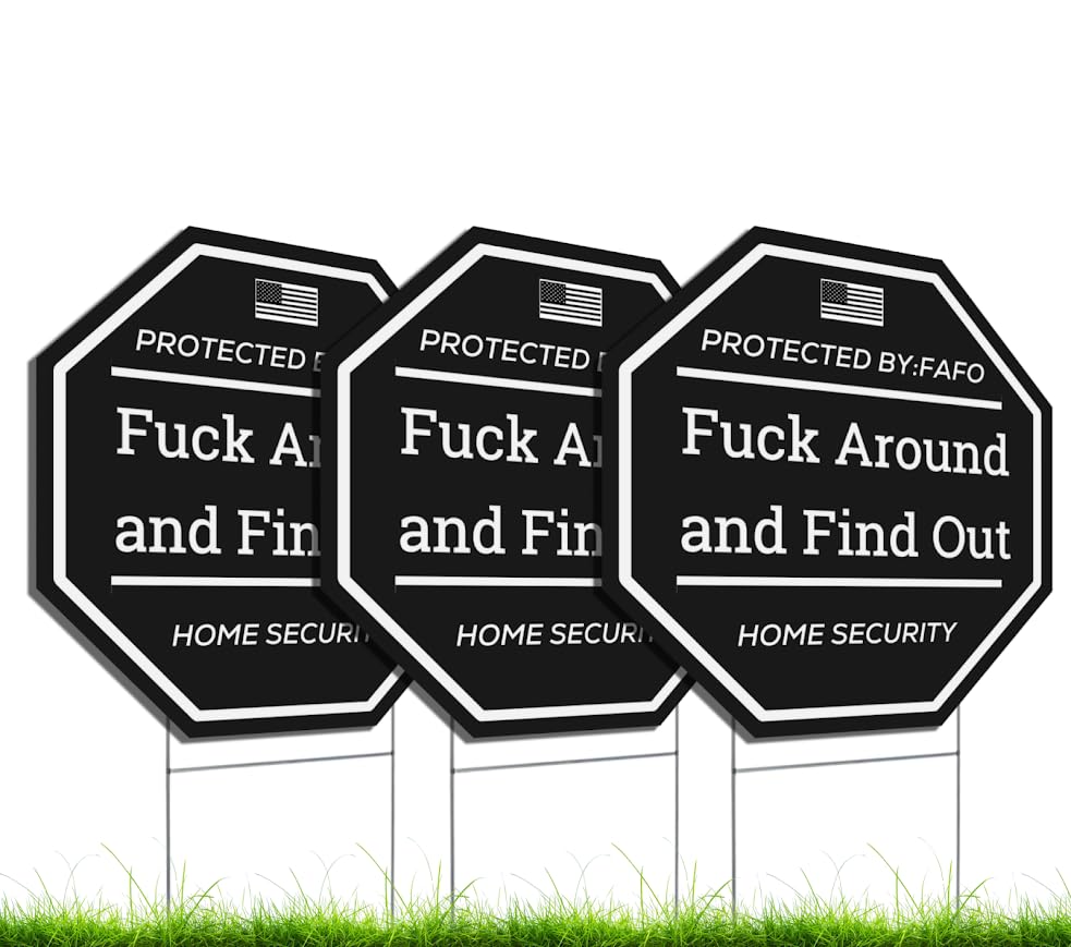 Set of 3 Double Sided 12x12 Inches Fuck Around and Find Out Signs with Metal H-Stakes - FAFO Home Security Front Yard Sign Decor - Property Security Protected By Surveillance Sign - Funny Warning Sign