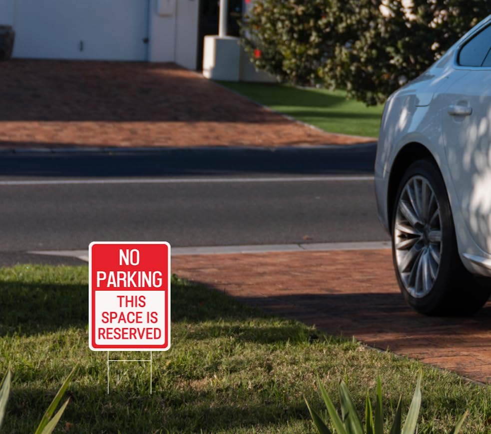 Set of 3 Double Sided 12x16 Inches No Parking This Space Is Reserved Sign with Metal Wire H-Stakes - Plastic Reserved Parking Indoor or Outdoor Sign Use - No Parking Road Traffic Signs