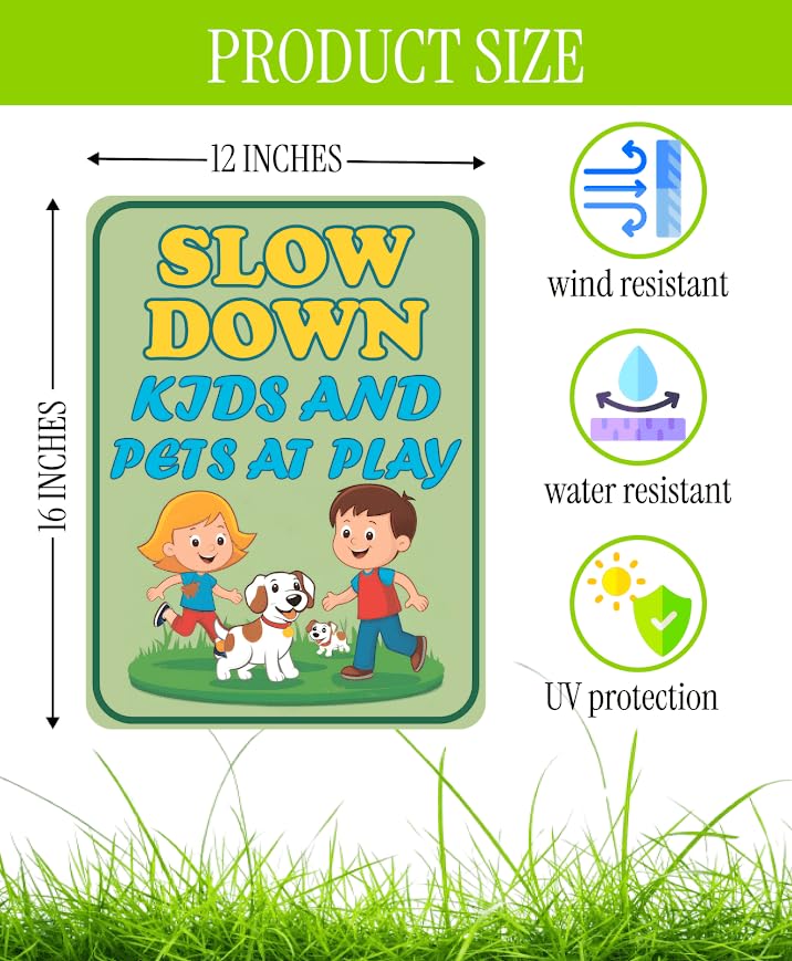 Set of 3 Double Sided Sign 12x16 Inches Plastic Metal H-Stakes "SLOW DOWN KIDS AND PETS AT PLAY" - Children at Playing Safety Signs for Street - Neighborhood Watch Speed Limit Signage