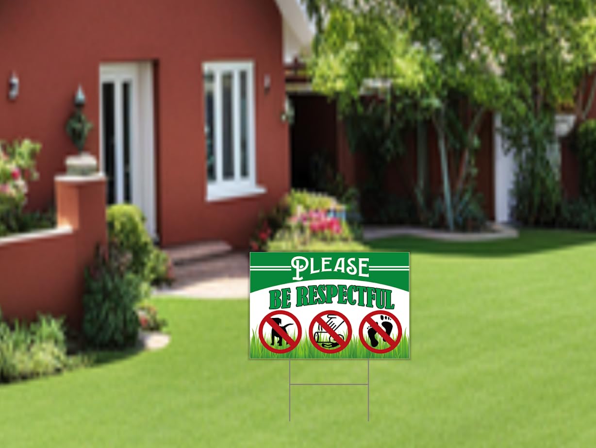 Pack of 3 Be Respectful Dog Sign 8x12 Inch Double Sided - No Dog Poop Signs for Yard - Pick Up After Your Dog Sign - No Pets No Dogs Allowed or Please Keep Off Grass Lawn Signs with Stakes