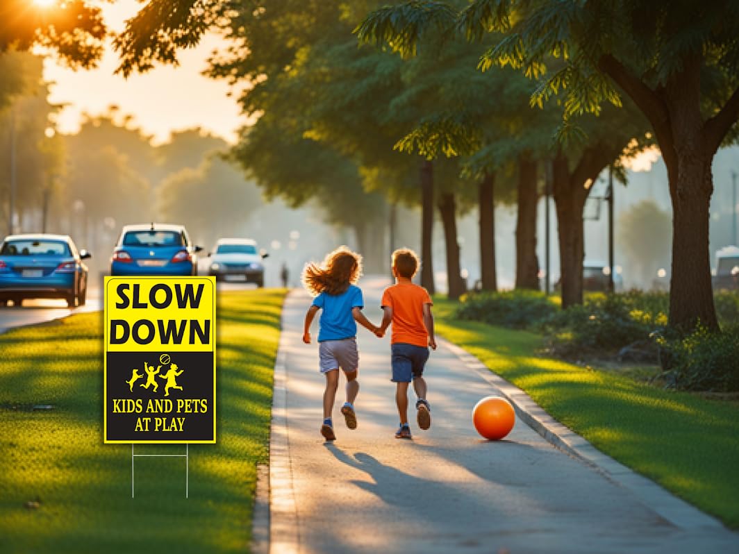 6 Pack 8x12 inch Double Sided Please Slow Down Kids and Pets at Play Yard Signs with Metal Wire H-Stakes - Drive Like Your Kids Live Here Sign - Children At Play Safety signs for Street Sign